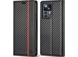 Custodia Per Xiaomi 12T / 12T Pro / Redmi K50 Ultra Carbon Leather Case Con Portacarte, Magnete E Supporto Nero Verticale Rosso