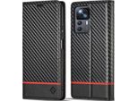 Custodia Per Xiaomi 12T / 12T Pro / Redmi K50 Ultra Carbon Leather Case Con Portacarte, Magnete E Supporto Nero Orizzontale Rosso