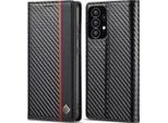 Custodia Per Samsung Galaxy A53 5G In Pelle Di Carbonio Con Portacarte, Magnete E Supporto Nero Verticale Rosso