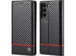 Custodia Per Samsung Galaxy S21 Fe 5G In Pelle Di Carbonio Con Portacarte, Magnete E Supporto Nero Orizzontale Rosso