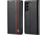 Custodia Per Samsung Galaxy S21 Fe 5G In Pelle Di Carbonio Con Portacarte, Magnete E Supporto Nero Verticale Rosso