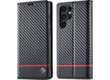 Custodia Per Samsung Galaxy S22 Ultra 5G In Pelle Di Carbonio Con Portacarte, Magnete E Supporto Nero Orizzontale Rosso