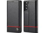 Custodia Per Samsung Galaxy S22+ 5G In Pelle Di Carbonio Con Portacarte, Magnete E Supporto Nero Orizzontale Rosso