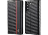 Custodia Per Samsung Galaxy S22+ 5G In Pelle Di Carbonio Con Portacarte, Magnete E Supporto Nero Verticale Rosso