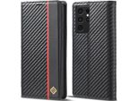 Custodia Per Samsung Galaxy S21 Ultra 5G In Pelle Di Carbonio Con Portacarte, Magnete E Supporto Nero Verticale Rosso