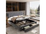 Letto Imbottito Flieks 160X200Cm, Letto Matrimoniale Con Cassetto, Letto A Molle Idrauliche Con Rete A Doghe, Letto Contenitore Letto In Legno Massiccio Velluto, Grigio