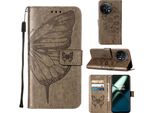 Custodia Per Oneplus 11 Butterfly Relief Custodia In Pelle Flip Con Slot Per Schede E Supporto Grigio