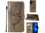 Custodia In Pelle Per Tecno Pova 5 LH7N Farfalla In Rilievo Flip Custodia In Pelle Slot Per Schede Telefono Cellulare Con Supporto Grigio