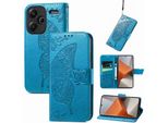 Per Xiaomi Redmi Note 13 Pro Plus Portafoglio Cellulare Custodia Farfalla Design Copertura Protettiva Blu