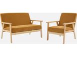 Sweeek - Divano A 2 Posti + Poltrona Con Rivestimento In Velluto A Coste, Gambe In Legno - Giallo Senape