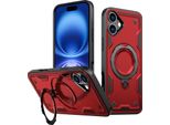 Custodia A Doppio Strato Per Iphone 16, Custodia Protettiva Militare Magnetica Con Anello E Supporto In Metallo Rosso