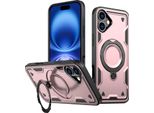 Custodia A Doppio Strato Per Iphone 16, Custodia Protettiva Militare Magnetica Con Anello In Metallo E Supporto Rosa