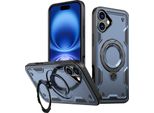 Custodia A Doppio Strato Per Iphone 16, Custodia Protettiva Militare Magnetica Con Anello In Metallo E Supporto Blu