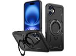 Custodia A Doppio Strato Per Iphone 16, Custodia Protettiva Militare Magnetica Con Anello In Metallo E Supporto Nero