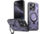 Custodia A Doppio Strato Per Iphone 16 Pro, Custodia Protettiva Militare Magnetica Con Anello E Supporto In Metallo Viola