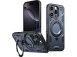 Custodia A Doppio Strato Per Iphone 16 Pro, Custodia Protettiva Militare Magnetica Con Anello In Metallo E Supporto Blu