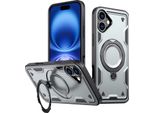 Custodia A Doppio Strato Per Iphone 16, Custodia Protettiva Militare Magnetica Con Anello In Metallo E Supporto Grigio