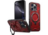 Custodia A Doppio Strato Per Iphone 16 Pro, Custodia Protettiva Militare Magnetica Con Anello E Supporto In Metallo Rosso