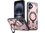Custodia A Doppio Strato Per Iphone 16 Plus, Custodia Protettiva Militare Magnetica Con Anello In Metallo E Supporto Rosa