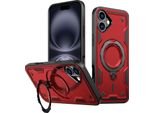 Custodia A Doppio Strato Per Iphone 16 Plus, Custodia Protettiva Militare Magnetica Con Anello E Supporto In Metallo Rosso