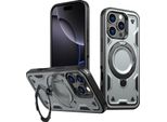 Custodia A Doppio Strato Per Iphone 16 Pro, Custodia Protettiva Militare Magnetica Con Anello In Metallo E Supporto Grigio