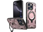 Custodia A Doppio Strato Per Iphone 16 Pro, Custodia Protettiva Militare Magnetica Con Anello In Metallo E Supporto Rosa