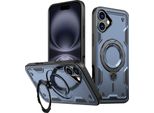 Custodia A Doppio Strato Per Iphone 16 Plus, Custodia Protettiva Militare Magnetica Con Anello In Metallo E Supporto Blu