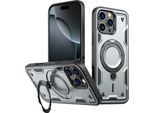 Custodia A Doppio Strato Per Iphone 16 Pro Max, Custodia Protettiva Militare Magnetica Con Anello In Metallo E Supporto Grigio