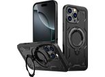Custodia A Doppio Strato Per Iphone 16 Pro Max, Custodia Protettiva Militare Magnetica Con Anello E Supporto In Metallo Nero