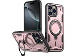 Custodia A Doppio Strato Per Iphone 16 Pro Max, Custodia Protettiva Militare Magnetica Con Anello In Metallo E Supporto Rosa