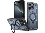Custodia A Doppio Strato Per Iphone 16 Pro Max, Custodia Protettiva Militare Magnetica Con Anello In Metallo E Supporto Blu