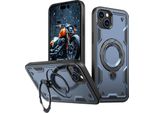 Custodia A Doppio Strato Per Iphone 15, Custodia Protettiva Militare Magnetica Con Anello In Metallo E Supporto Blu