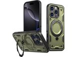 Custodia A Doppio Strato Per Iphone 16 Pro, Custodia Protettiva Militare Magnetica Con Anello In Metallo E Supporto Verde