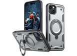 Custodia A Doppio Strato Per Iphone 15, Custodia Protettiva Militare Magnetica Con Anello In Metallo E Supporto Grigio
