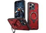 Custodia A Doppio Strato Per Iphone 15 Pro, Custodia Protettiva Militare Magnetica Con Anello E Supporto In Metallo Rosso