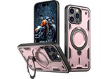 Custodia A Doppio Strato Per Iphone 15 Pro Max, Custodia Protettiva Militare Magnetica Con Anello In Metallo E Supporto Rosa