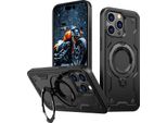 Custodia A Doppio Strato Per Iphone 15 Pro, Custodia Protettiva Militare Magnetica Con Anello E Supporto In Metallo Nero