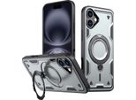 Custodia A Doppio Strato Per Iphone 16 Plus, Custodia Protettiva Militare Magnetica Con Anello In Metallo E Supporto Grigio