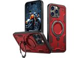 Custodia A Doppio Strato Per Iphone 15 Pro Max, Custodia Protettiva Militare Magnetica Con Anello E Supporto In Metallo Rosso
