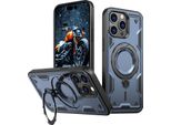 Custodia A Doppio Strato Per Iphone 15 Pro Max, Custodia Protettiva Militare Magnetica Con Anello In Metallo E Supporto Blu