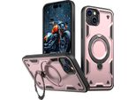Custodia A Doppio Strato Per Iphone 15, Custodia Protettiva Militare Magnetica Con Anello In Metallo E Supporto Rosa