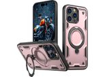 Custodia A Doppio Strato Per Iphone 14 Pro, Custodia Protettiva Militare Magnetica Con Anello In Metallo E Supporto Rosa