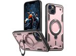Custodia A Doppio Strato Per Iphone 14 Plus/Iphone 15 Plus, Custodia Protettiva Militare Magnetica Con Anello In Metallo E Supporto Rosa