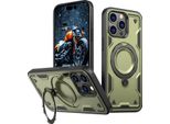 Custodia A Doppio Strato Per Iphone 15 Pro, Custodia Protettiva Militare Magnetica Con Anello In Metallo E Supporto Verde