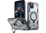 Custodia A Doppio Strato Per Iphone 14 Plus/Iphone 15 Plus, Custodia Protettiva Militare Magnetica Con Anello In Metallo E Supporto Grigio