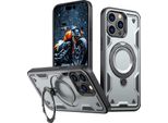 Custodia A Doppio Strato Per Iphone 15 Pro, Custodia Protettiva Militare Magnetica Con Anello In Metallo E Supporto Grigio