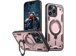 Custodia A Doppio Strato Per Iphone 14 Pro Max, Custodia Protettiva Militare Magnetica Con Anello In Metallo E Supporto Rosa