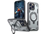 Custodia A Doppio Strato Per Iphone 13 Pro, Custodia Protettiva Militare Magnetica Con Anello In Metallo E Supporto Grigio