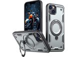 Custodia A Doppio Strato Per Iphone 13/Iphone 14, Custodia Protettiva Militare Magnetica Con Anello In Metallo E Supporto Grigio