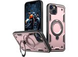 Custodia A Doppio Strato Per Iphone 13/Iphone 14, Custodia Protettiva Militare Magnetica Con Anello E Supporto In Metallo Rosa